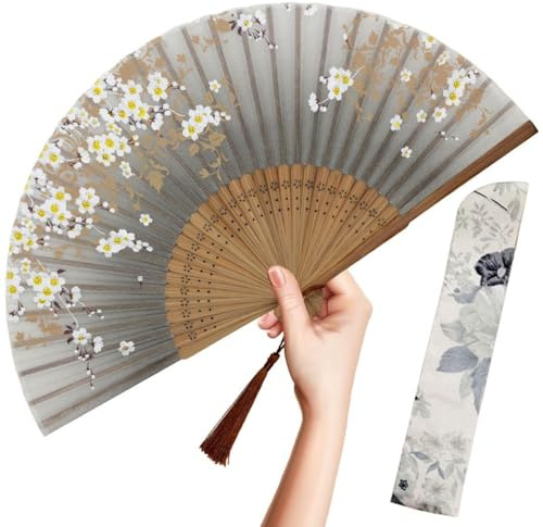 OMyTea Faltbarer Handfächer für Frauen - Faltbarer chinesischer japanischer Bambus-Seidenfächer - für Hot Flash, Kirche, EDM, Musikfestival, Party, Tanz, Dekoration, Geschenk (Gray Sakura)
