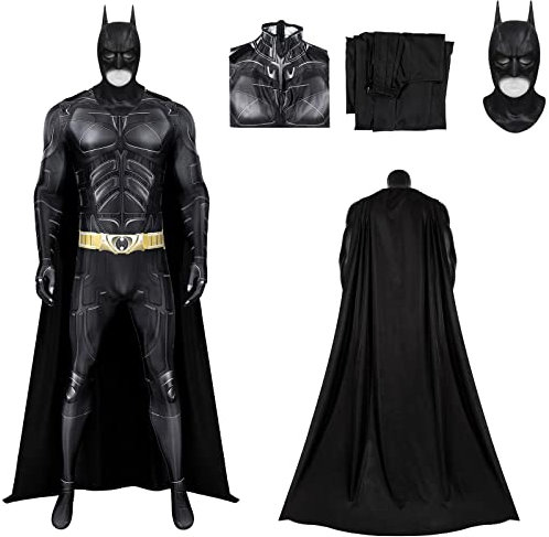 SINSEN Bat Superhero Costume for Adult Men, Knight Cosplay Jumpsuit Cloak Outfit Mask for Halloween Party Dark (3X-Large, Bat Costume + Mask)