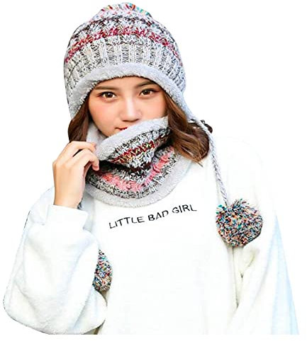 Unbekannt Strickmütze Mütze Warm Dame Bommel Mütze Damen Mütze Gefüttert Fell-Bommel Kunstfell Wintermütze Bommelmütze Grobstrick Wintermütze Mit Bommel
