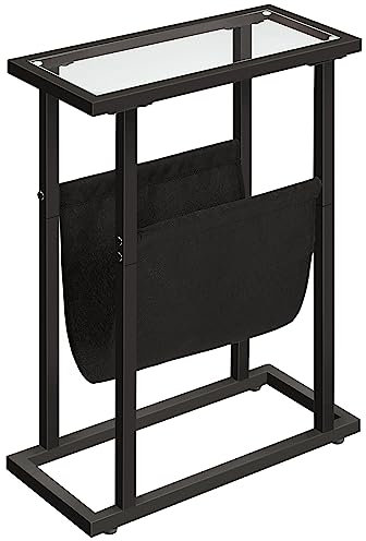 HOOBRO Mesa Auxiliar, Mesa Lateral de Cama Estrecha, Mesa Delgada de Vidrio Templado, Mesa Pequeña con Revistero, Mesita de Sofá para Sala de Estar, Dormitorio, Ahorro de Espacio, Negro EBK78BZ01
