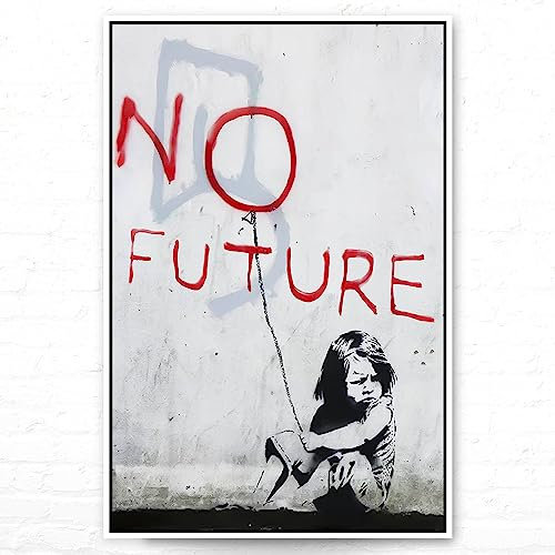 BilderKing Atemberaubendes XXL Schattenfugenrahmen-Bild, 80x120cm, Banksy Art No Future im Hochformat als XXL Leinwandbild zur Dekoration, EIN Zeitloses Wandbild für alle Zimmer, Rahmen in weiß