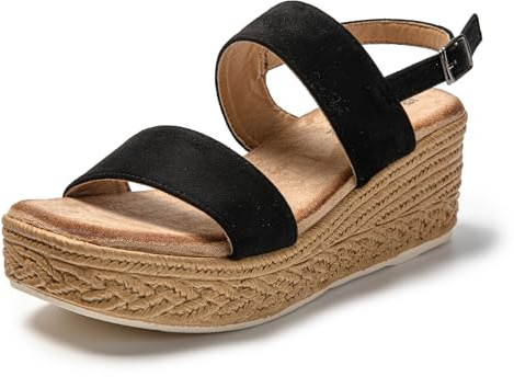 JOMIX Sandalias Mujer Verano con Cuñas Esparto Sandalias Cuña Mujer Piel con Punta Cuadrada Sandalias Mujer Comodas Playa Piscina Mar, Negro, 37 EU