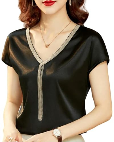 Juketron Camisas y Blusas de Mujer a la Moda, Tops de Seda, Cuello en V Liso, Manga de murciélago Satinado para Mujer, Elegante, Informal, Holgado para Oficina