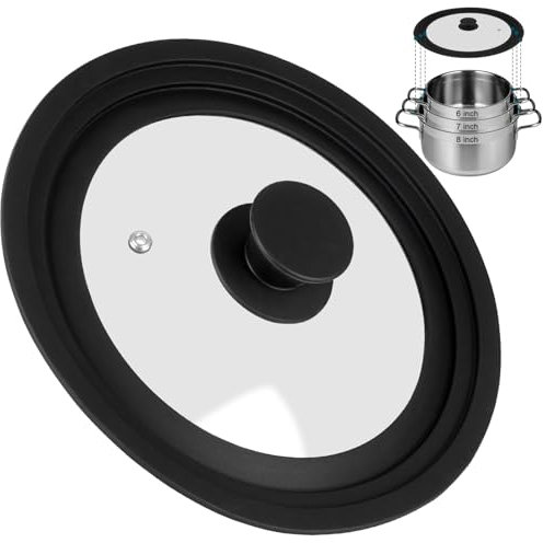 Universal Silicone Lid for Frying Pans, Pots and Skillets, Tempered Glass Pan Lid with Heat Resistant Silicone Rim, Fits 16 CM & 18 CM & 20 CM Diameter Cookware(Black)