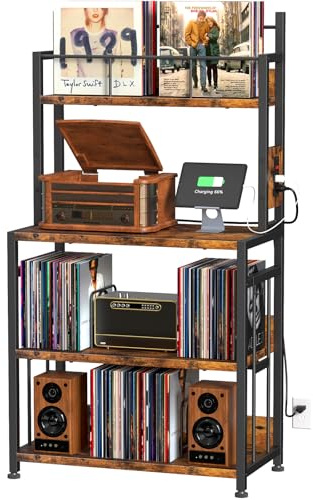 Record Player Stand with Power Outlets,Vinyl Display and Storage shelf | 4-Tier Vinyl Record Storage Holds 300 LPs,Adjustable Leveling Feet,Vintage Media Cabinet for Living Room Bedroom Music Corner