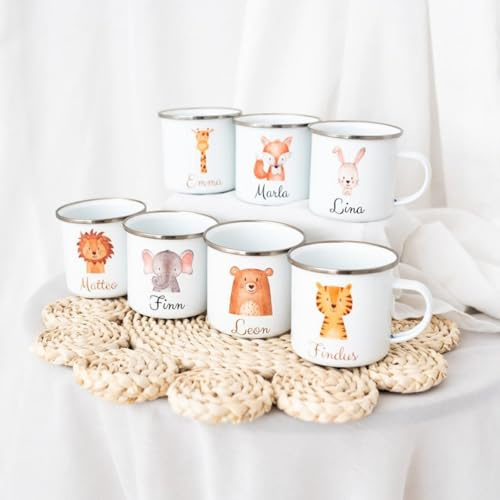 Gufacai Tazza smaltata personalizzata, 350 ml, bianca con bordo argentato, regalo per bambini e neonati, animali della foresta, nome personalizzato
