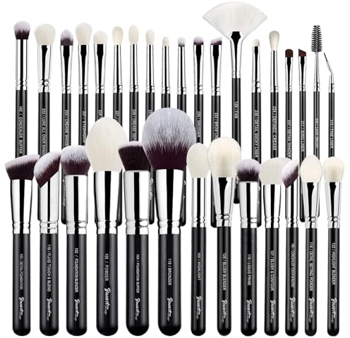 32Pcs PRO Grade Makeup Brushes Set with Goat & Horse Hair, Premium Ultra-soft Foundation Contour Powder Blush Concealer Eyeshadow Classic Black Make up Brush