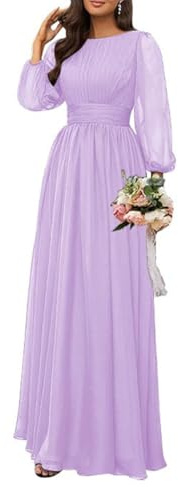 Langärmeliges Brautjungfernkleid für Damen, Chiffon, plissiert, Empire-Taillenlänge, formelle Abendkleider, Flieder, 36