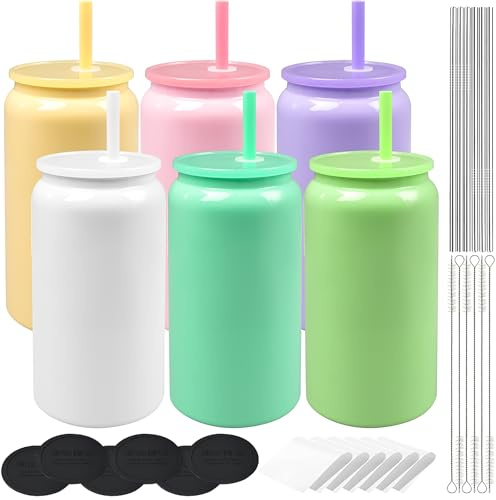 OGMBI Lot de 6 gobelets à sublimation en acier inoxydable avec couvercles et pailles, 473 ml – Gobelets isothermes à double paroi avec dessous de verre pour jus, soda, eau, bière, boissons – Coloré
