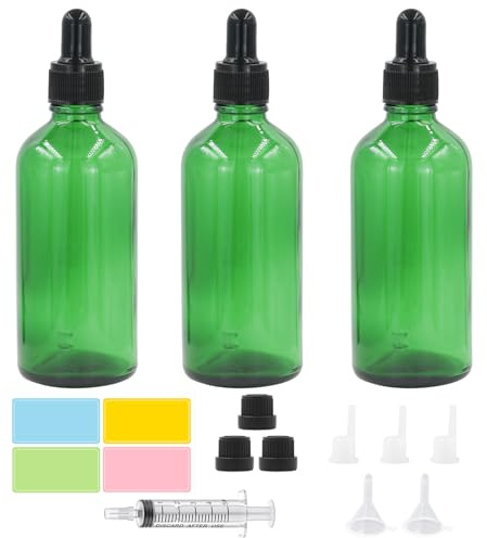 Episkey 3 x 100ml Grün Flaschen mit Pipettenflasche Pipette & Tropfeinsatz Aromatherapie Fläschchen Apothekerflasche Pipette für Ätherische Öle, DIY-Mischungen,Parfümöle (Grün, 100ml)