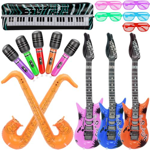Kinmsito 16 Stück Aufblasbare Instrumente Spielzeug Set, enthält:Aufblasbare Gitarre,Aufblasbares Mikrofon,Aufblasbares Saxophon Tastatur,Shutter Shading Gläser,für Kinder Party Props Rock Deko