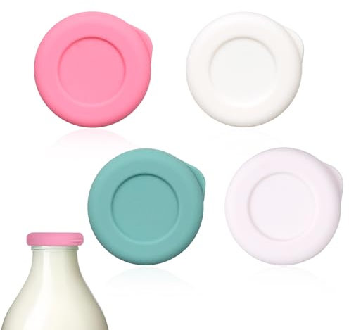 4 Pack Milk Bottle Tops [One Pint, NOT 1L] Reusable Silicone Mixed Without Bottle, Perfect Fit for UK One Pint Milk Glass Bottles, Dishwasher Safe, 100% Leakproof, Multicolour