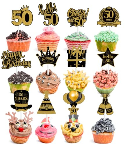 36 stycken cupcake-toppers vintage 50-årsdag tårtdekoration tårta topper 50 födelsedag guld svart glitter tårta för fest tårta dekorationer tillbehör (guld svart 50th)