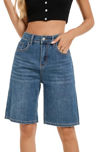 TOSATISFINE Jean Shorts for Women Long Stretchy High Waisted Denim Bermuda Shorts Baggy Jorts, Blue, XL