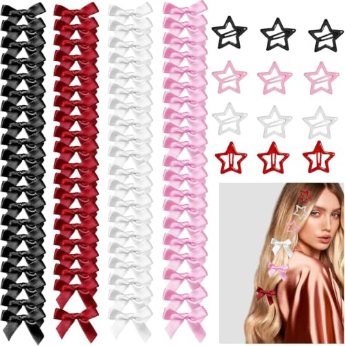 92-teiliges Haarspangen-Set mit Schleifen und Sternen, 80 Haarspangen mit Mini-Schleifen und 12 Metallsterne mit Druckknöpfen, 4 Farben, süße Haarnadeln mit Satinschleife, Y2K-Haarschmuck für Frauen