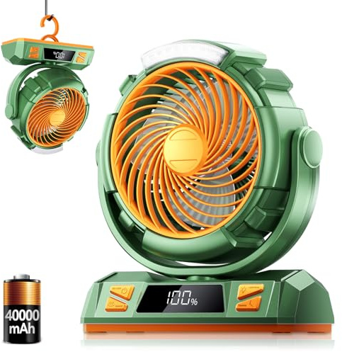 Ventilador de camping con luz, batería recargable de 40000 mAh y 6 velocidades, ventilador portátil USB para tienda de campaña con gancho para pesca, cortes de energía, lugares de trabajo, equipo de