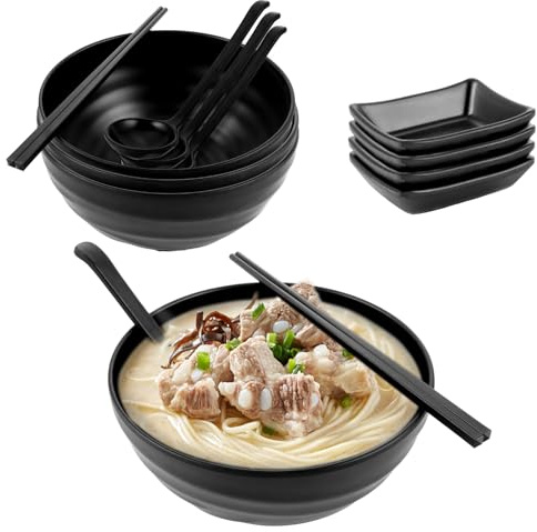 LOPYXBR Set med 4 japanska ramen skålset, 1 300 ml ramen skål av melamin, ramen skål stor med dipping skål, sked och ätpinnar för ramen, nudlar, buldak ramen och sallad