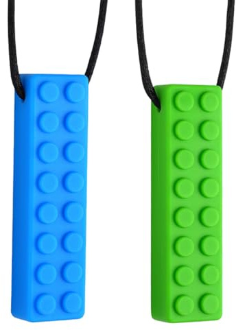 QEDBOJE Lot de 2 colliers sensoriels à mâcher, jouets à mâcher en silicone durables et résistants, colliers à mâcher pour garçons et filles (bleu + vert)