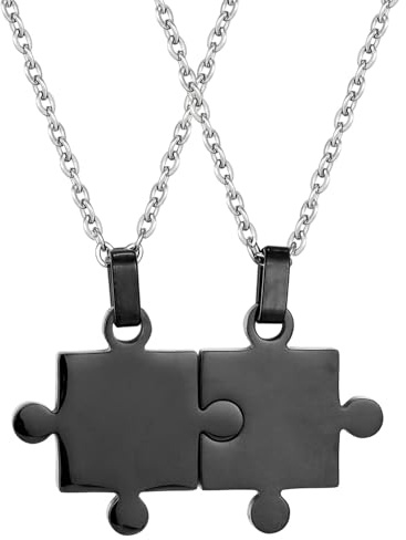 Karma NH11047672 - Collana per partner con ciondolo a forma di puzzle, colore nero, argento e acciaio inox, moderna catena da uomo e da donna