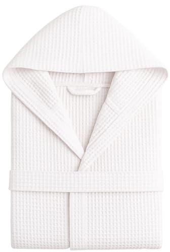 Peignoir Nid d'Abeille Femme et Peignoir Nid d'Abeille Homme en Coton avec Capuche Poches et Ceinture, Léger et pour Voyage S-XXXL, Blanc, S/M