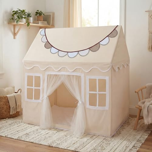 Wilwolfer Tienda de campaña Infantil para niños con Alfombra Acolchada y Pancarta de Tela, casa de Juegos para niños pequeños y niñas, Tienda de campaña para niñas, Juguete para niños (Crema)