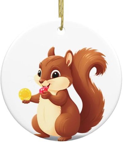 YYHWHJDE Kleines Eichhörnchen isst Gummibaum-Süßigkeiten-Drucke, Weihnachtsbaum, Keramik, rund, 7,4 cm