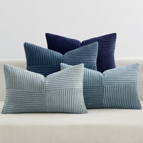 EMEMA Kissenbezug Kordsamt Patchwork Kissenhülle 40x60 Dunkelblaue Serie | 4er Set Zierkissenbezug Dekokissen Sofakissen Kord Dekorative Kissen für Sofa Sessel Zuhause Schlafzimmer