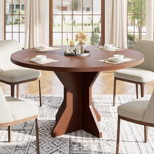 Garvee Round Dining Table for 4-6 People - 47 Circle Kitchen Dinner Table with Sturdy Pedestal Base, Small Spaces Dinning Room Furniture for Living Room, Kitchen, Apartment, Walnut