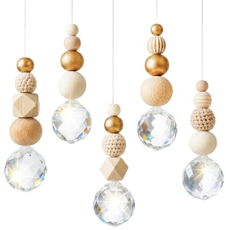 5er Set Kristall Sonnenfänger 35 mm – Susan's Choice Handgefertigte Fensterdeko mit Holz- & Kristallperlen, Regenbogen Suncatcher, Boho Windspiel & Lichtspiel für Fenster, Wohnraum, Garten & Terrasse