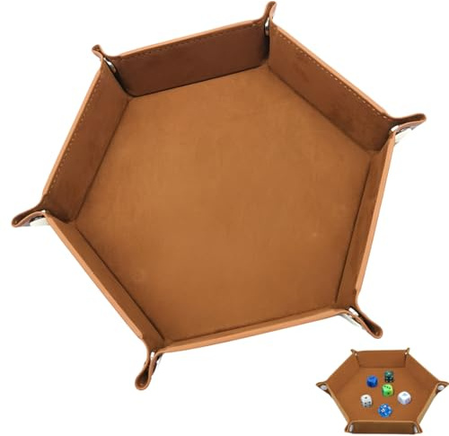 CATZUM Doppelseitiges, faltbares Würfelbrett-Set (sechseckig), Samt und Leder, geeignet für Rollenspiele, Dungeons & Dragons und Drachenwürfelspiele (Braun)