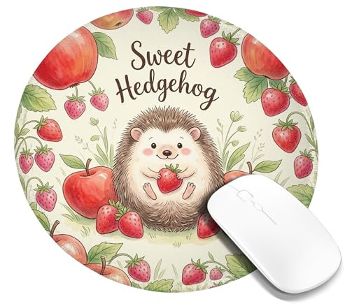 Tappetino per mouse piccolo, motivo riccio, con fragole e mele primaverili, rotondo, in gomma, lavabile, mini tappetino per mouse da viaggio, accessorio per ufficio, casa, computer, laptop, rotondo