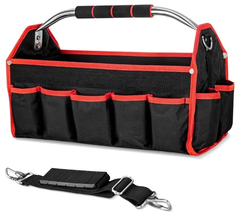 HAUTMEC 16 fickor bred mun elektriker öppen topp verktyg tygväska, 40 cm en axelrem kraftig elektriker verktygshållare, med mittbricka, med förvaringsväska för handtag, TB0002