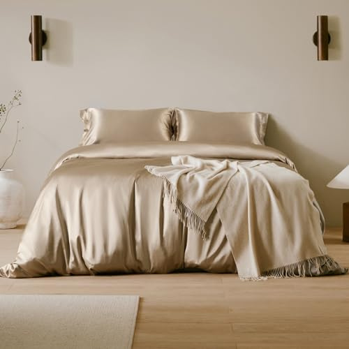 LilySilk 4 Pcs Double Luxury Silk Bedding Set - 1 Duvet Cover, 1 Fitted Sheet, 2 Pillowcases - 100% 19 Momme Mulberry Silk - Taupe