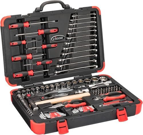 VIGOR Werkzeugkoffer, universal, V4425N, 1/4″, 1/2″ | Antrieb 1/4 Zoll (6,3 mm) Vierkant hohl, 1/2 Zoll (12,5 mm) Vierkant hohl, 9500 g, Werkzeugkoffer inklusive Sortiment