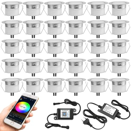 30er Bluetooth RGBWW Led Bodeneinbauleuchten Aussen, Ø31mm Dimmbar Led Bodeneinbaustrahler Bodenspots Terrassen Einbaustrahler Außen, DC12V 0.5W IP67 Wasserdicht Terassenbeleuchtung (RGB + Warmweiß)