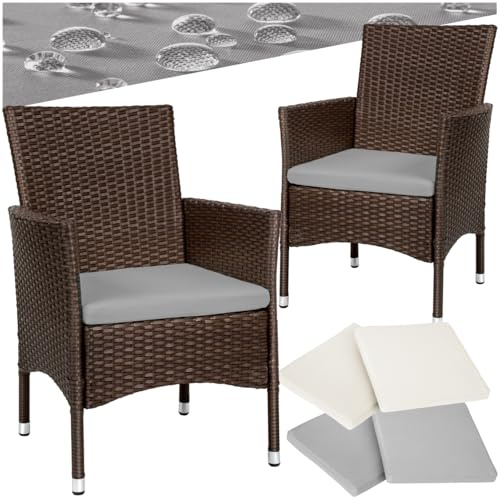 tectake® Set de 2 Sillones en Poliratán y Acero, Muebles Jardín Exterior, Sillón para Conjunto Jardín Exterior, Cojines con Fundas Intercambiables, Fácil Montaje - marrón/Beige