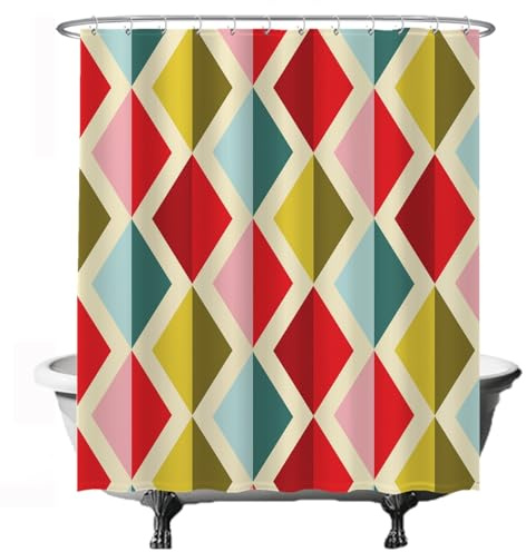 Ulticool Duschvorhang – Bunte Retro Vintage Diamantfiguren - 180 x 200 cm - Waschbar - Anti Schimmel - mit 12 Ringen - Rot Gelb Blau