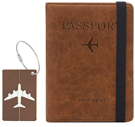 Toctax Reisepasshülle, Passhülle mit RFID-Blocker, Schutzhülle Tasche für Kreditkarten, Reisepass Geschenk Passinhaberdeckel Karteninhaber, Ausweis und Reisedokumente mit Kofferanhänger（Braun）
