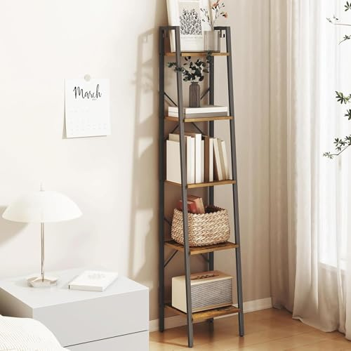 Hzuaneri Ladder Shelf, Bookshelf Bookcase, Freestanding Corner Storage Shelve with 2 Hooks for Home Office, Living Room, Kitchen, Bedroom, Industrial, 11.8 D x 13.4 W x 63 H, Rustic Brown BC03201B