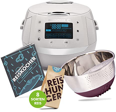 REISHUNGER Starter Set Digitaler Reiskocher & Dampfgarer Grau inkl. Kochbuch, Reiswaschschüssel und 8 Sorten Reis (8 x 200g)