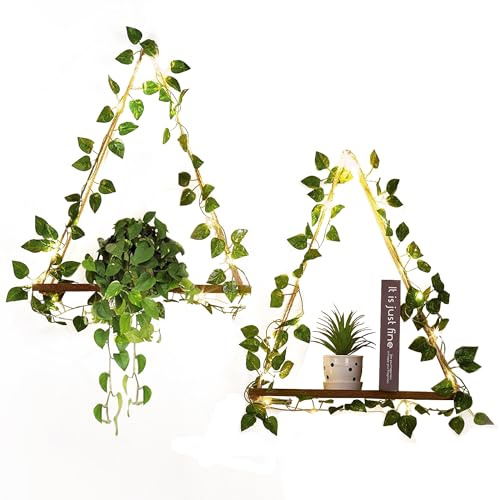 Funvalley Surperfect Juego de 2 estantes flotantes colgantes de cuerda con tira LED de hiedra artificial, estantes flotantes de madera ligeros, decoración de pared bohemia con cuerda y ganchos