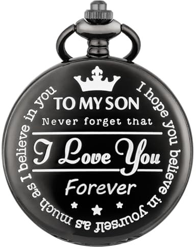 Keller & Weber Gravierte Taschenuhr to My Son I Love You, Quarz-Taschenuhr mit Kette, Geburtstagsabschluss, Sohn von Papa Mama, Anhänger Halskette Fob Uhren, Schwarz