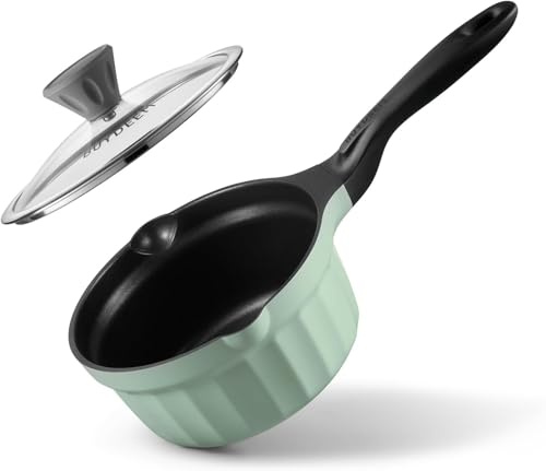 BUYDEEM Cast Aluminum Non Stick Sauce Pan，Rapid Even Heat Milk Pan with Glass Lid，All Stovetops Compatible，No PFOA/PFAS，Cooking Pot with Cool Handle，Cheflite Series CP141 Cozy Greenish，2QT