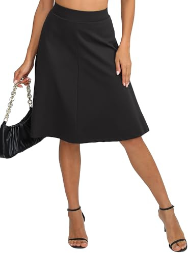 EXCHIC Femmes Millésime A Ligne Stretch Taille Haute Élastique Midi Jupe Uniforme Évasé Longueur Jupes(L, Noir)
