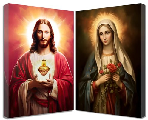 ZQQART Leinwandbild Jesus und Jungfrau Maria 2 teilig Heiliges Herz Jesu und Jungfrau Maria Gemälde Jesus Poster Kreuz Bibel Taube christliches Bild religiöses Dekor (B,30x40cmx2)