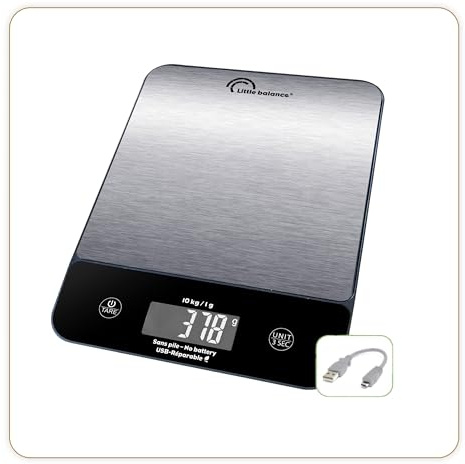 LITTLE BALANCE 8711 Happy Genius 10 Inox, Balance de cuisine sans pile, rechargeable USB-C, Réparable, 10 kg, Inox