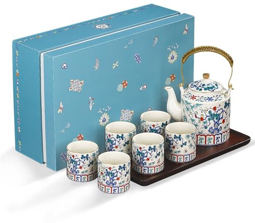 fanquare Service à Thé Chinois Théière et Tasses en Porcelaine Colorée en Bambou Pin Prune avec Infuseur pour Adultes Cadeaux, Une Théière avec 6 Tasses