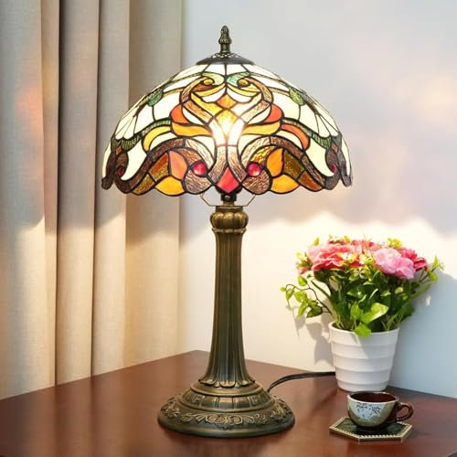 Hobaca 12 Pouces Vitrail Rétro Lampe de Table Baroque Style Tiffany Base En Alliage D'aluminium Chevet Pour Bureau Lecture Lumière Chambre Dortoir Salon Cuisine Décor à La Maison