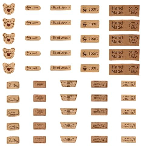 JEXOWIQ 50 pcs Handgefertigte Etiketten PU-Leder,Handmade Label zum annähen,5 Stile,Handgefertigt Geprägtes Etikett für Häkelkleidung, Stricken, DIY Jeans, Taschen, Hüte, Häkeln