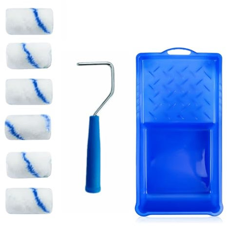BDHYYM Mini rotolo di vernice per pittura da parete, con 6 rulli da pittore, blu e bianco, 1 vaschetta di colore, 1 telaio, per camera di famiglia, decorazione architettonica